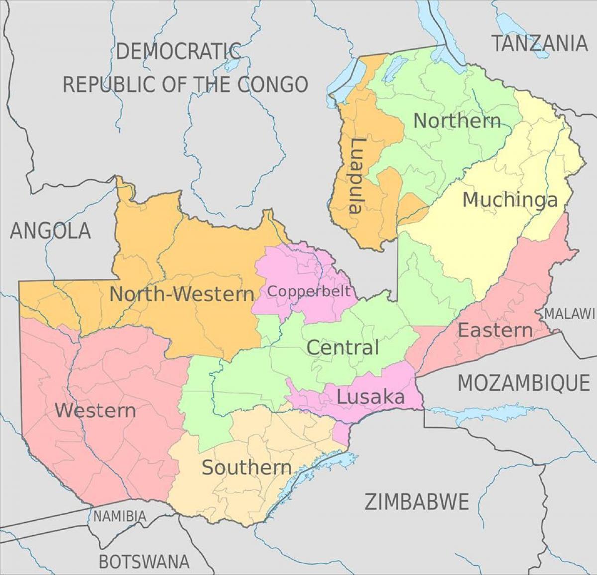 карта на Замбия показва 10 провинции