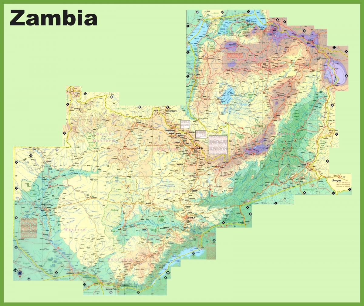 карта на Замбия с посочване на всички градове